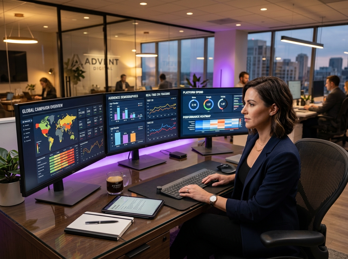 angelleadssales media buyer monitoring multi-platform campaign dashboards (illustrative image)
